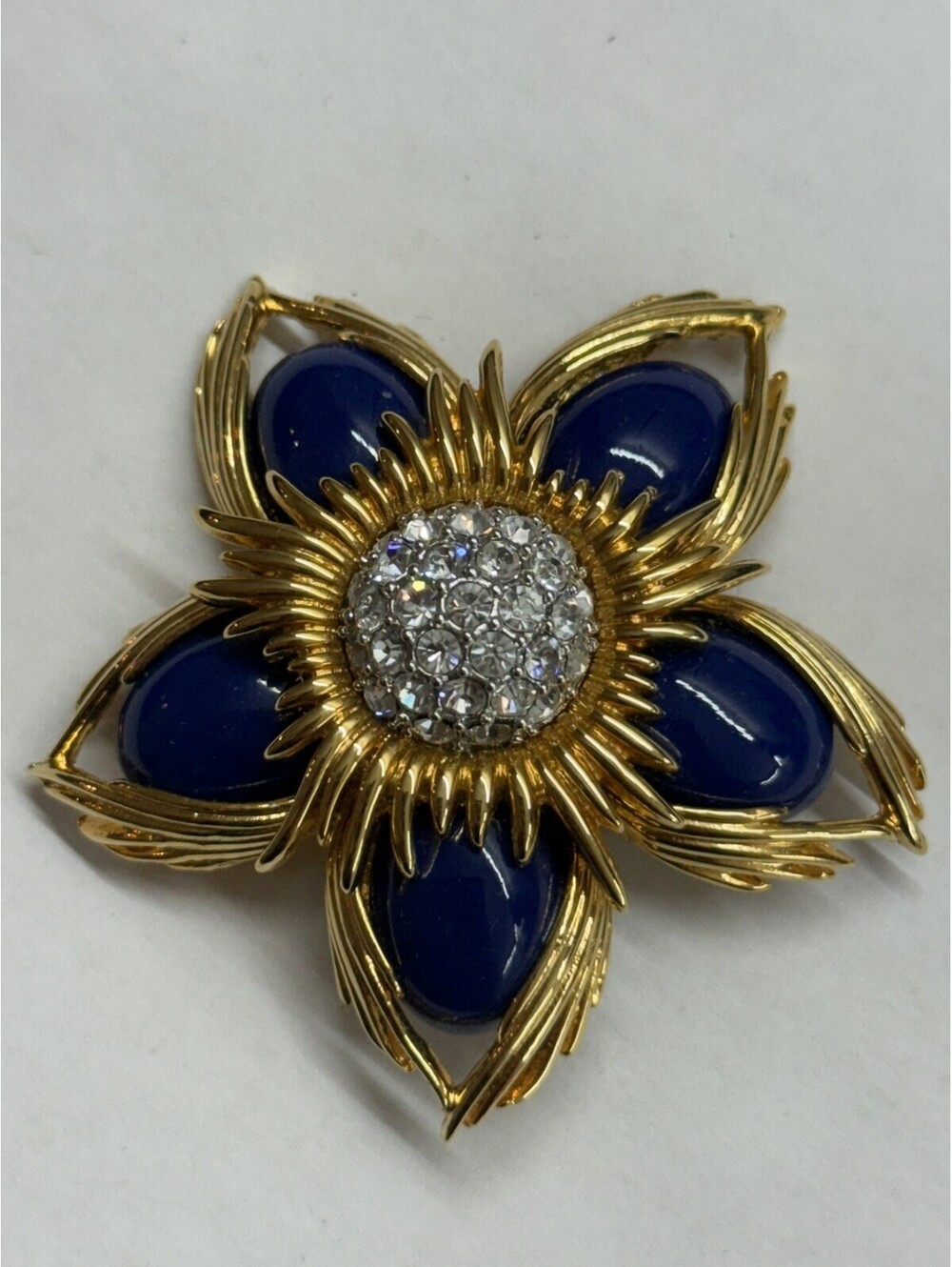 Vintage Joan Rivers Gold Toned Chunky Star Flower Crystal Faux Lapis Brooch Pin